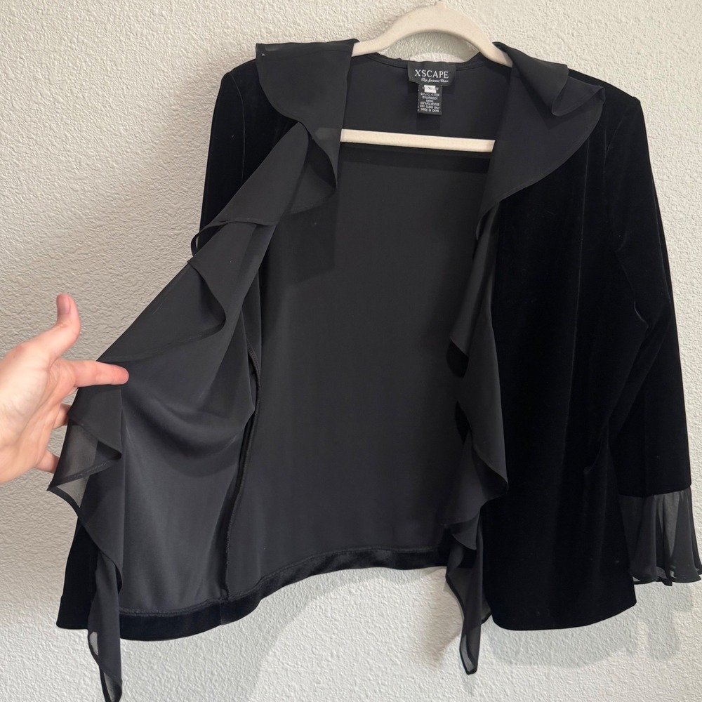 Y2K Xscape by Joanna Chen Black Velvet‎ Ruffle Chiffon Whimisgoth Cardigan L - Picture 2 of 11